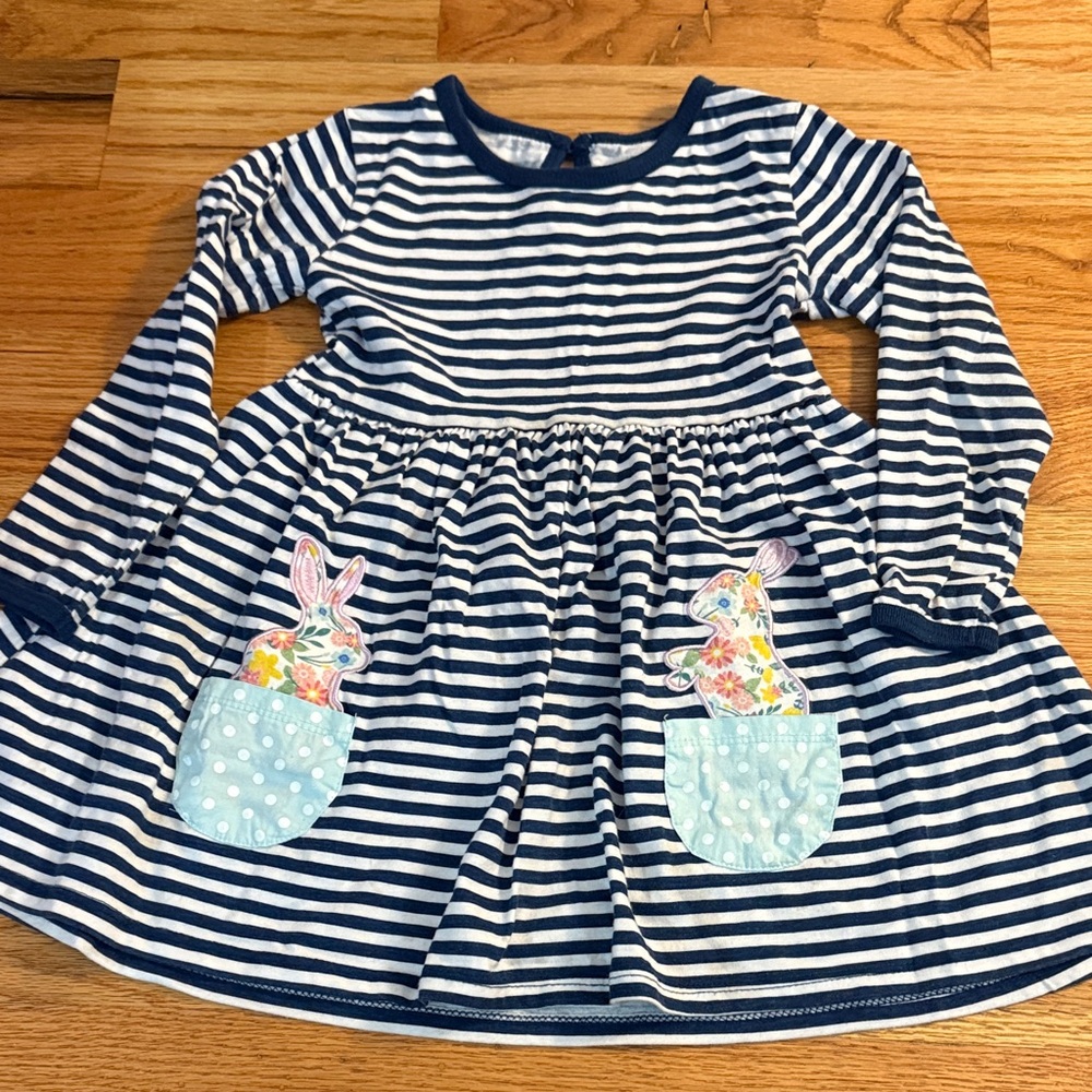 Charming Navy and White Striped Kids Dress with Bunny Pockets